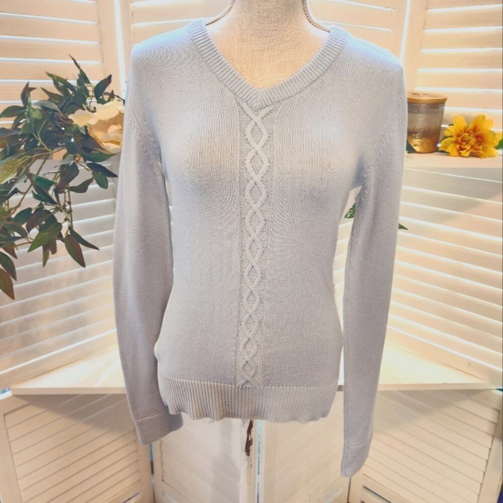 ATHLETA BLUE/WHITE CABLEKNIT SWEATER WITH SIDE ZIP SIZE MED